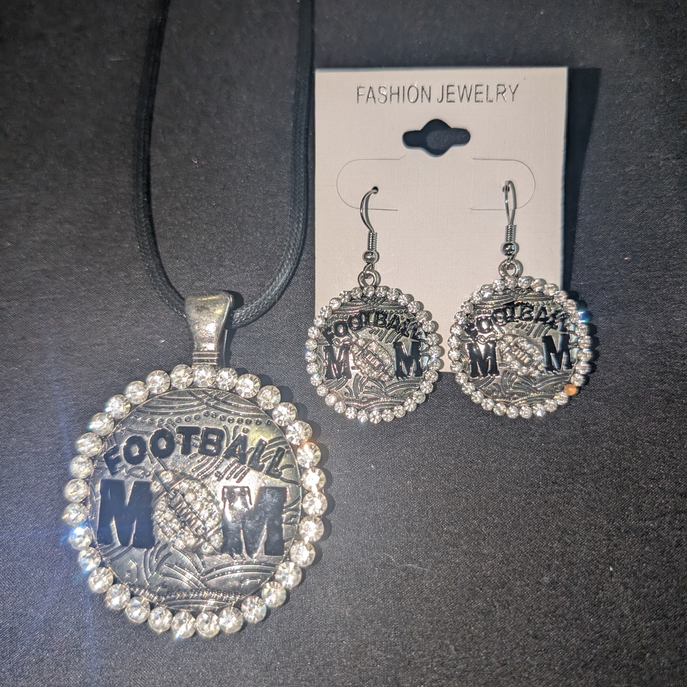 Silver Football Pendant Necklace and Earring Set